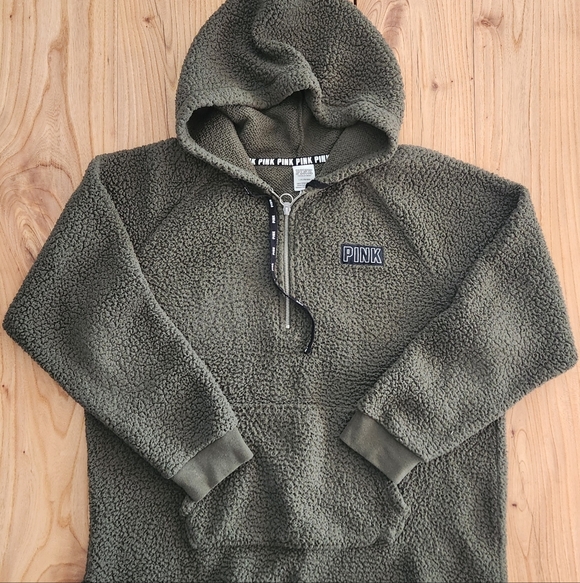 Victoria's Secret PINK Olive Green Sherpa Varsity Fleece Half-Zip - LG - Picture 2 of 7